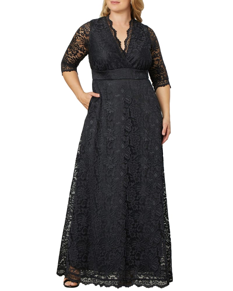 Front of a model wearing a size 2X Maria Lace Evening Gown in ONYX by Kiyonna. | dia_product_style_image_id:270152